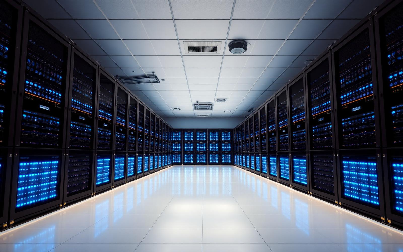 Illuminated cloud data center corridor