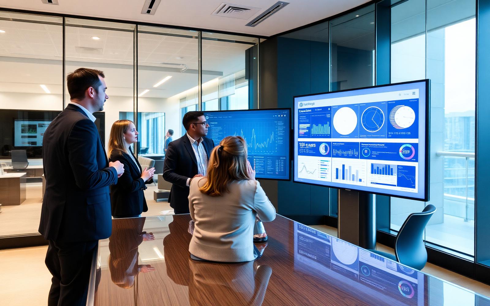 Consultants discussing analytics on a large boardroom display