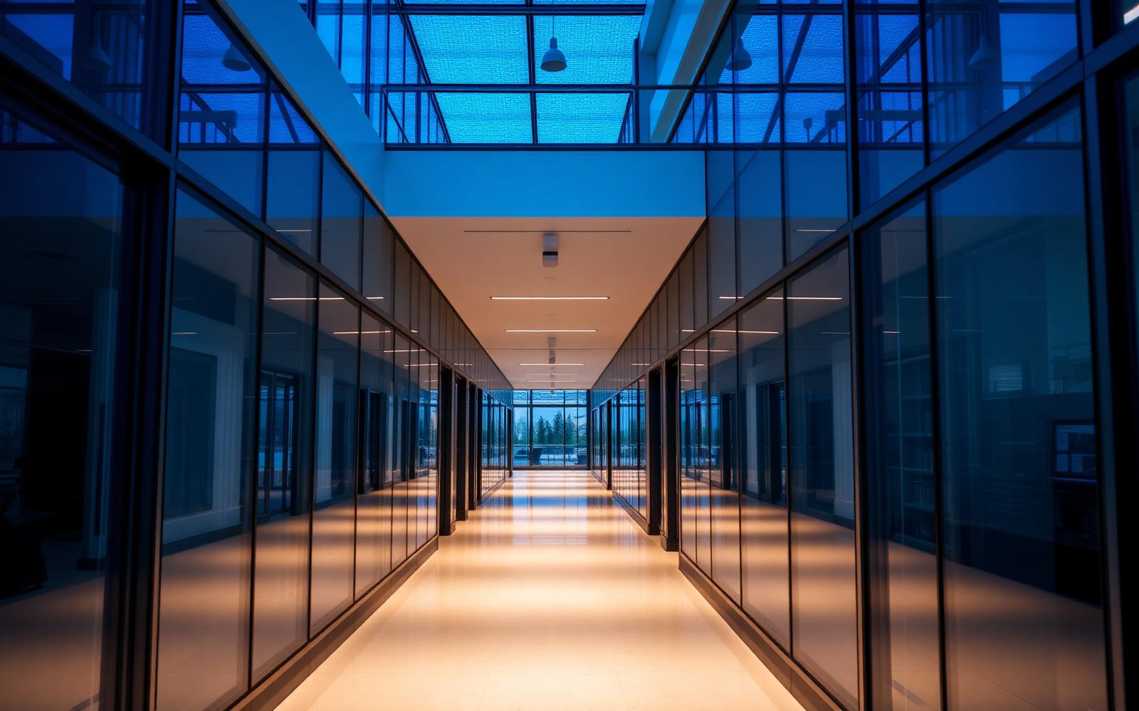 Modern corporate office corridor lit at dusk