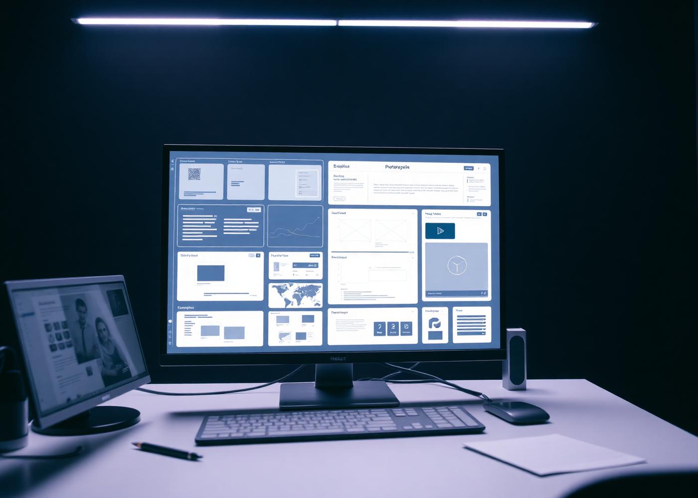 UI design mockups on a large monitor in a dark workspace
